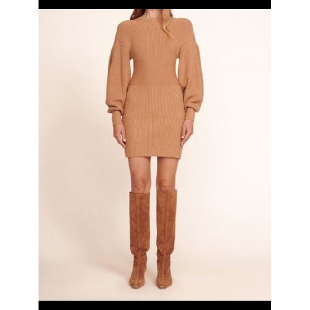 STAUD Camel Marylebone Ribbed Knit Sweater Dress Size XL Chic Feminine Cozy - Picture 8 of 8
